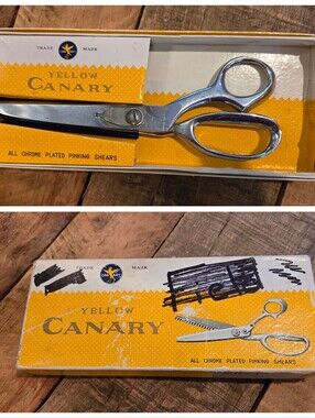 Vtg Scissors Pinking Shears Chrome Plated Yellow Canary In Box